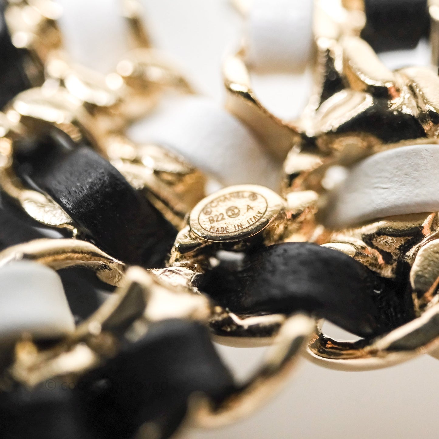 Chanel CC Braided Leather Black & White Brooch Gold Tone 22A