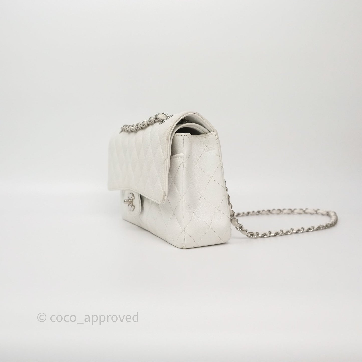 Chanel M/L Medium Classic Flap Quilted White Caviar Silver Hardware