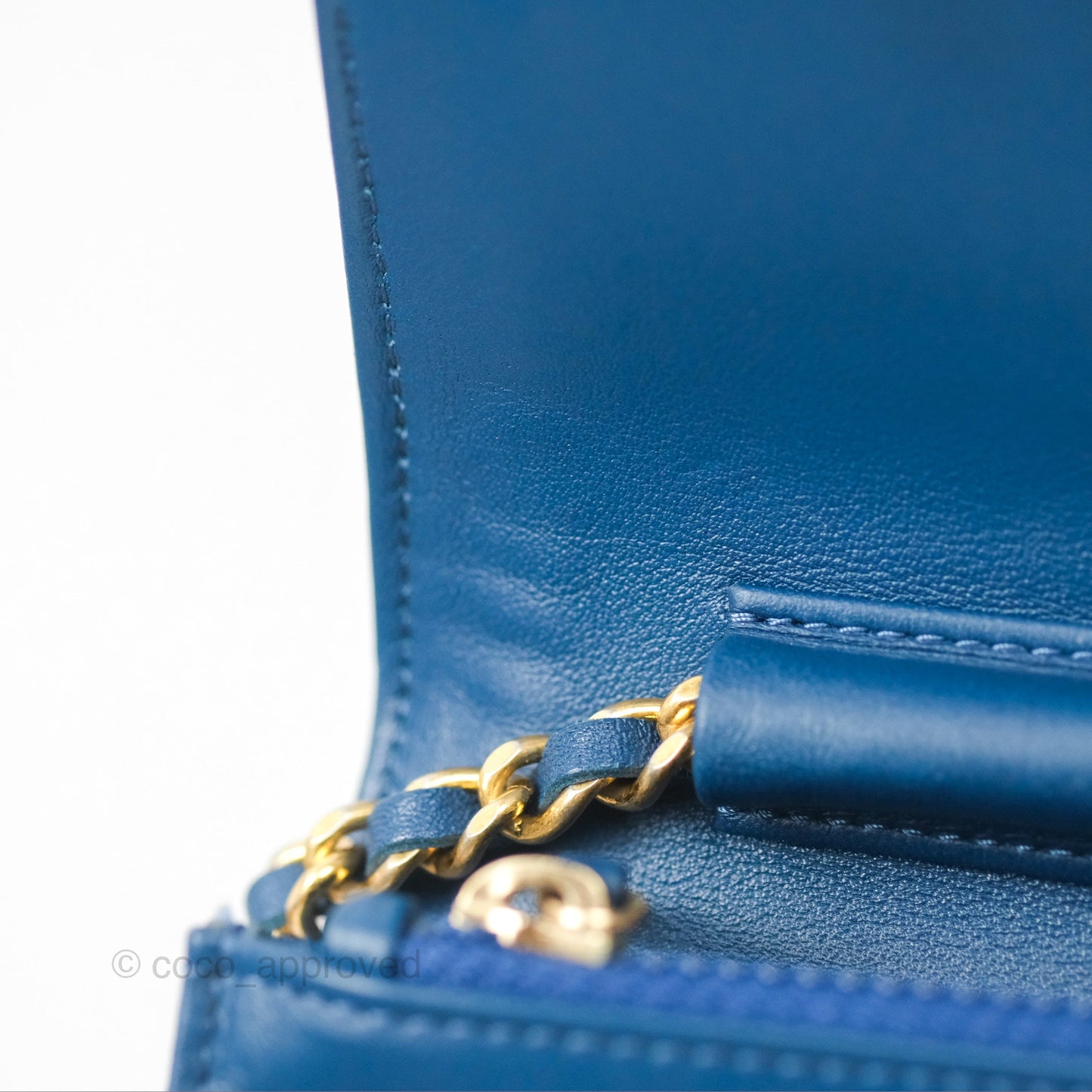 Chanel Quilted Boy Wallet on Chain WOC Blue Calfskin Aged Gold Hardware