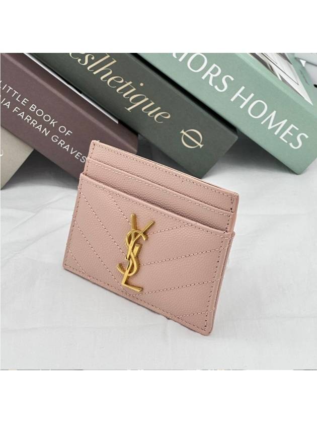 Luxury Saint Laurent Gold Hardware Matelasse Caviar Leather Card Wallet Pale Pink
