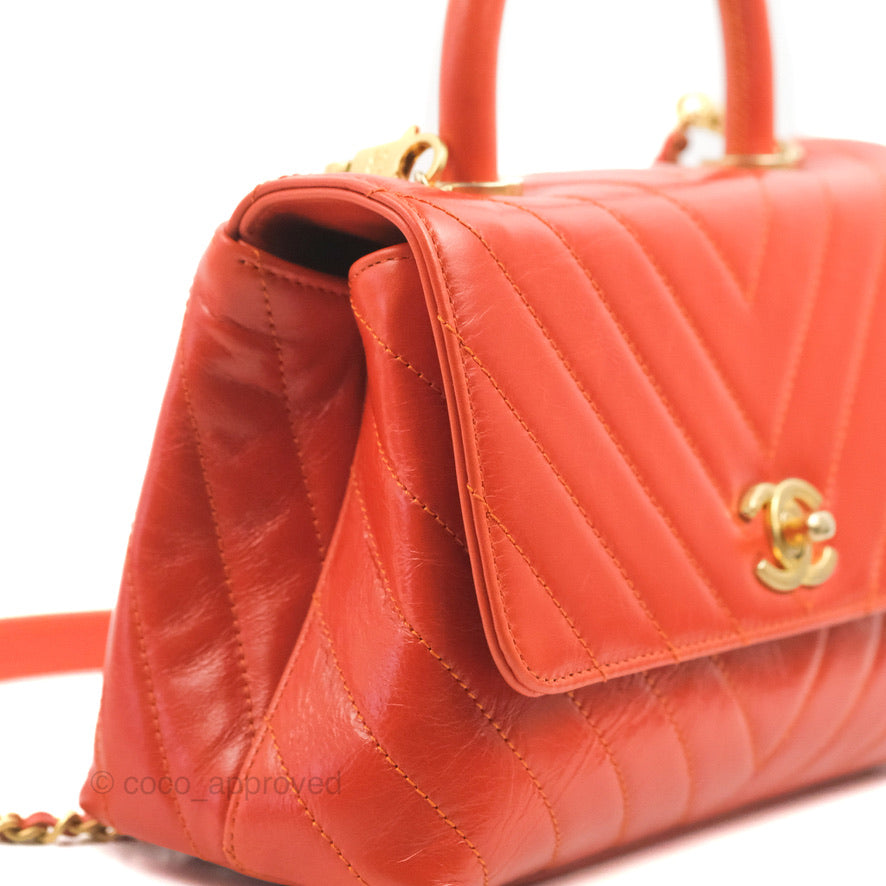 Chanel Chevron Small Coco Handle Dark Orange Shiny Aged Calfskin Aged Gold Hardware