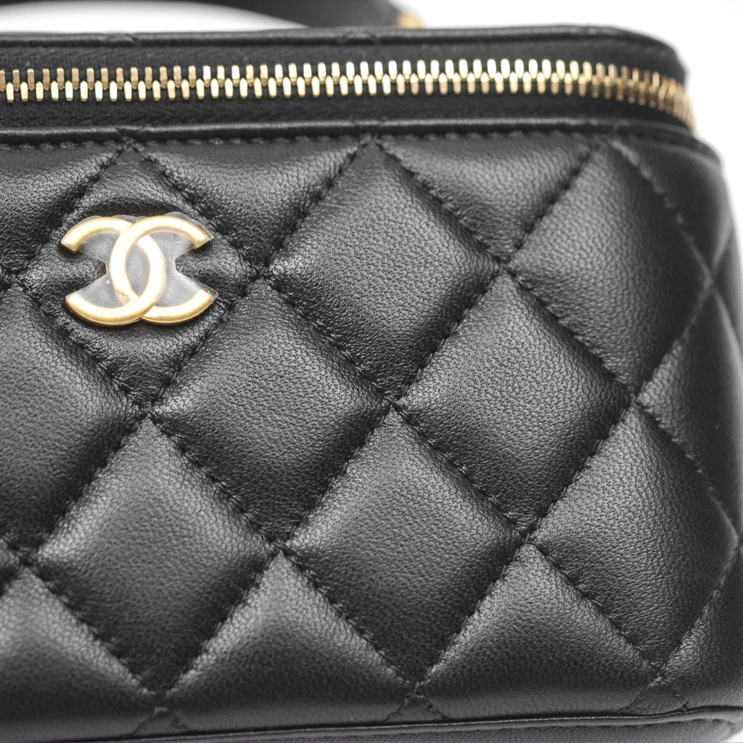 Chanel Vanity Rectangular Metal Top Handle Black Lambskin Aged Gold Hardware 22B