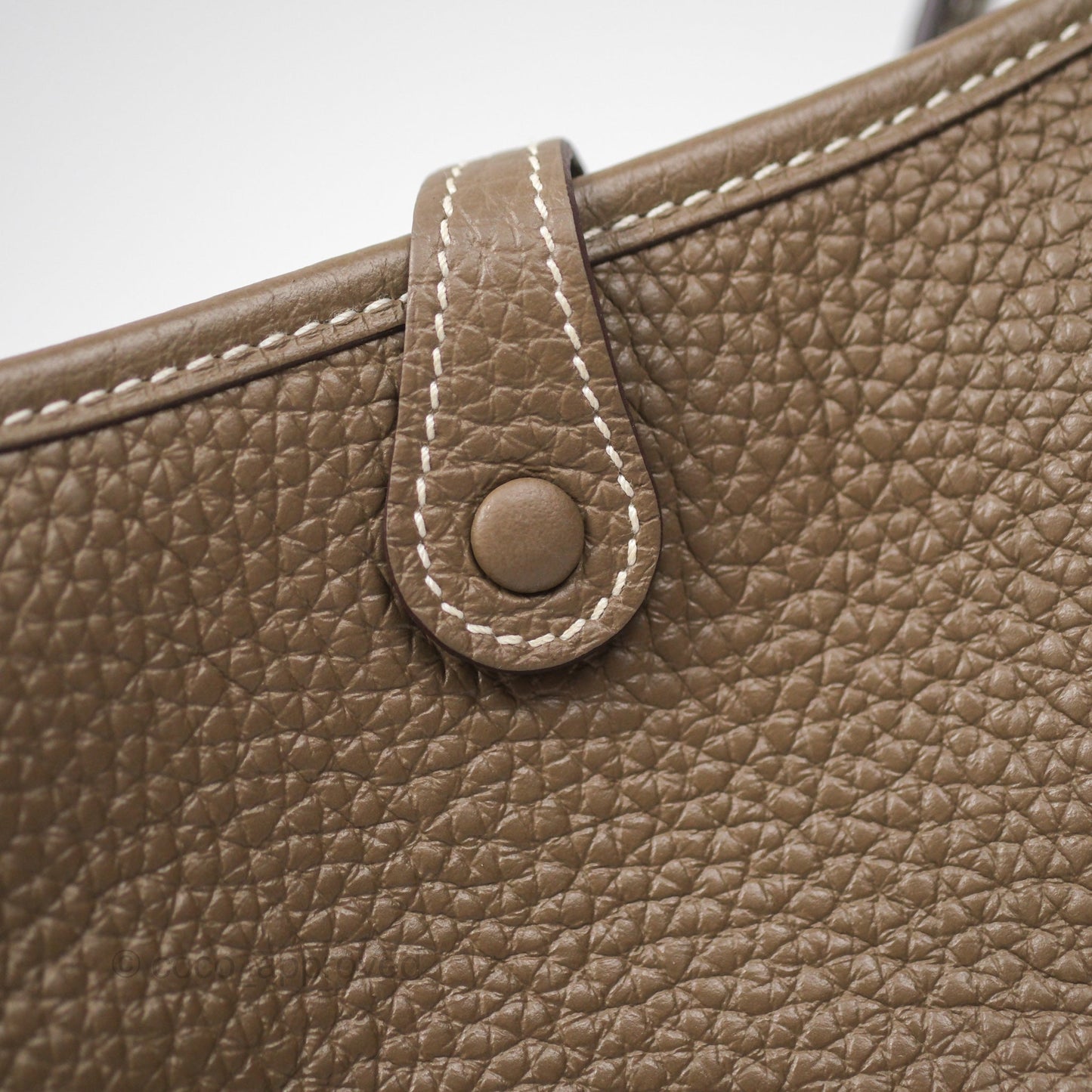 Hermès Mini Evelyne 16 Etoupe 18 Clemence Palladium Hardware with Bleu Indigo Strap