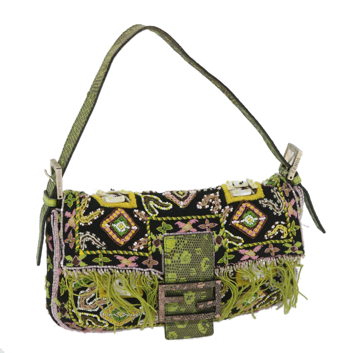 Luxury FendiSnake Mamma Baguette Shoulder Bag Wool Leather Black Green56581