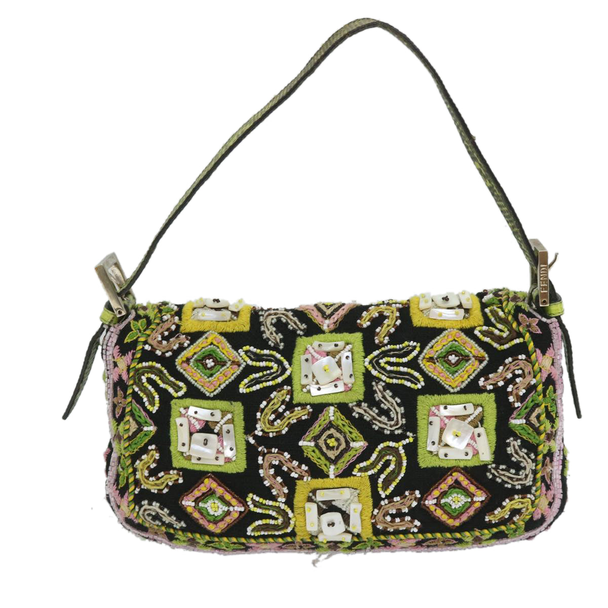 Luxury FendiSnake Mamma Baguette Shoulder Bag Wool Leather Black Green56581