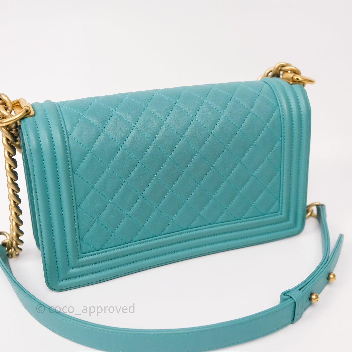 Chanel Medium Boy Quilted Turquoise Calfskin Aged Gold Hardware