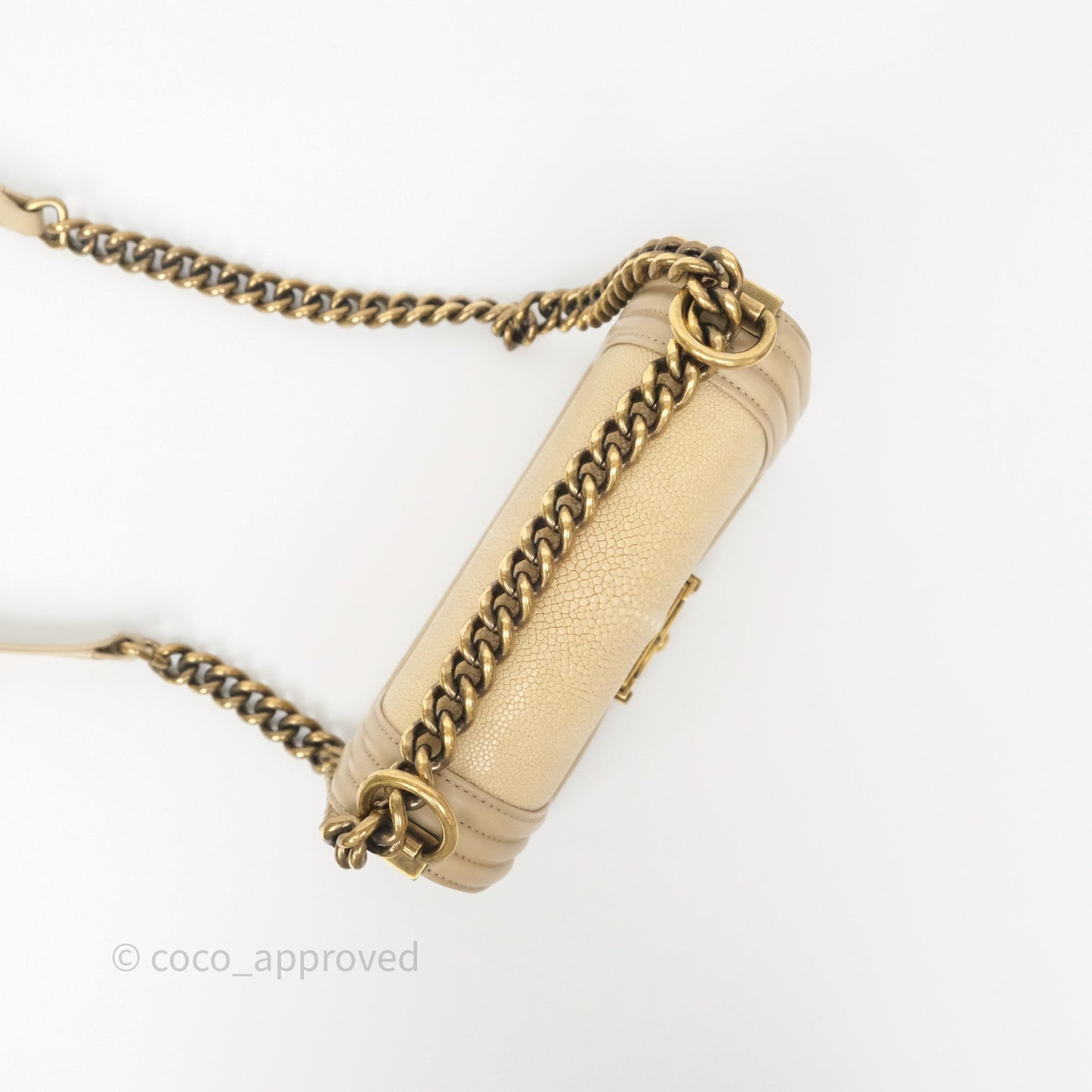 Chanel Small Boy Stingray Beige Antique Gold Hardware