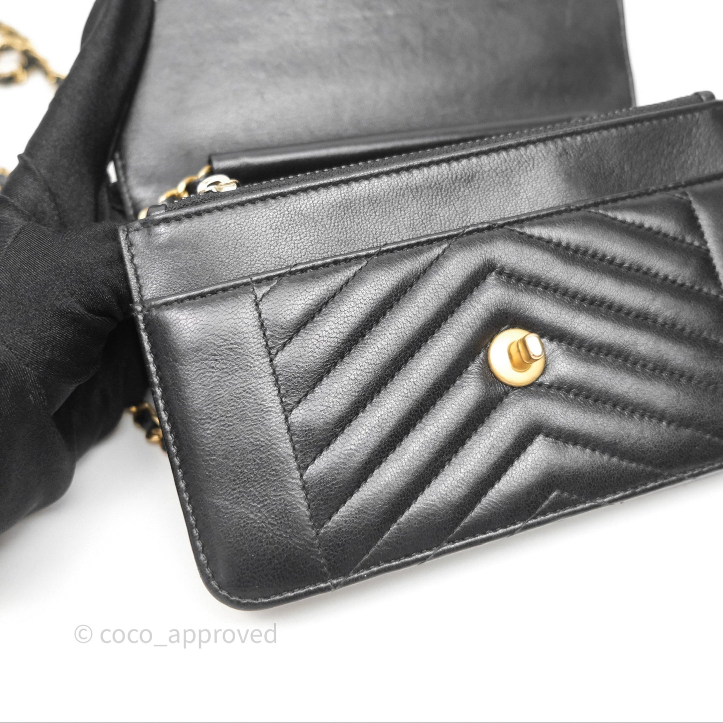 Chanel Reversed Chevron Wallet On Chain WOC Black Lambskin Aged Gold Hardware