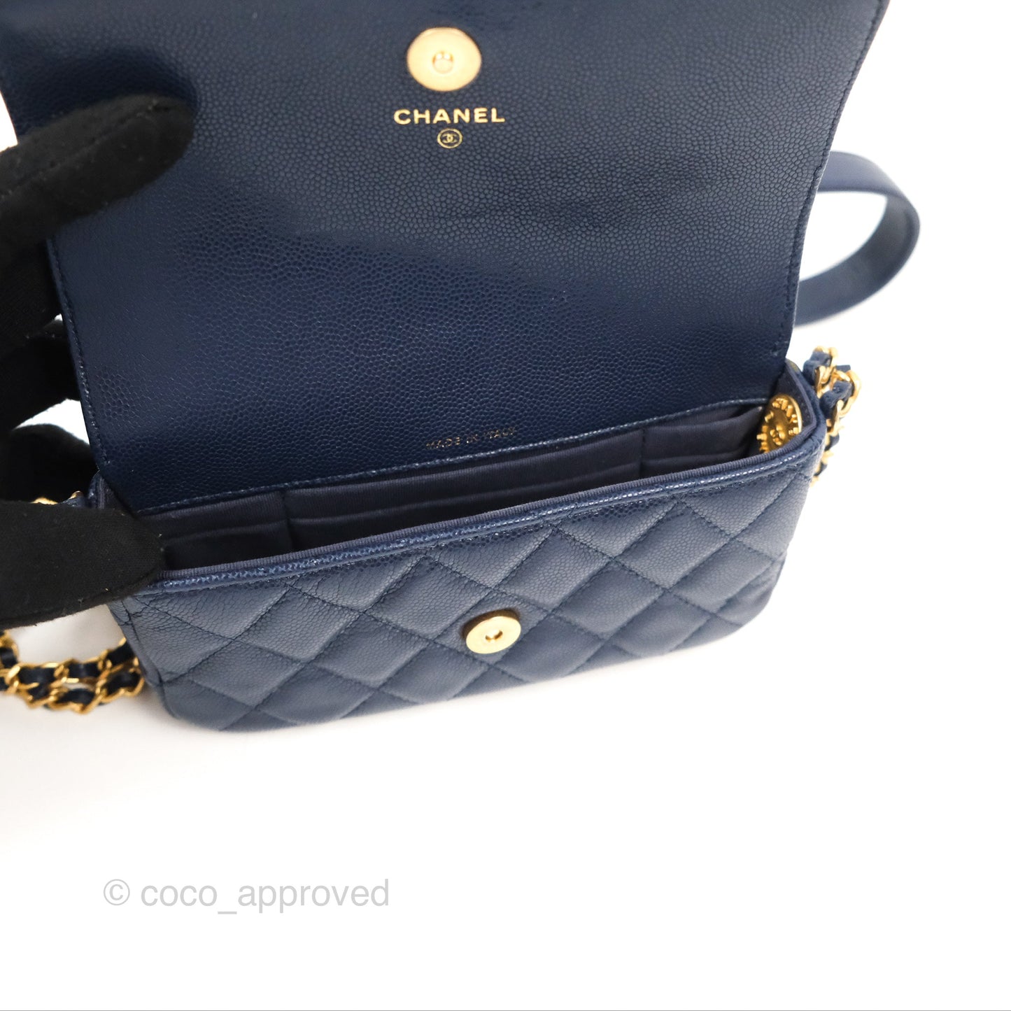 Chanel Twist Your Button Phone Bag Navy Shiny Caviar Aged Gold Hardware 22A