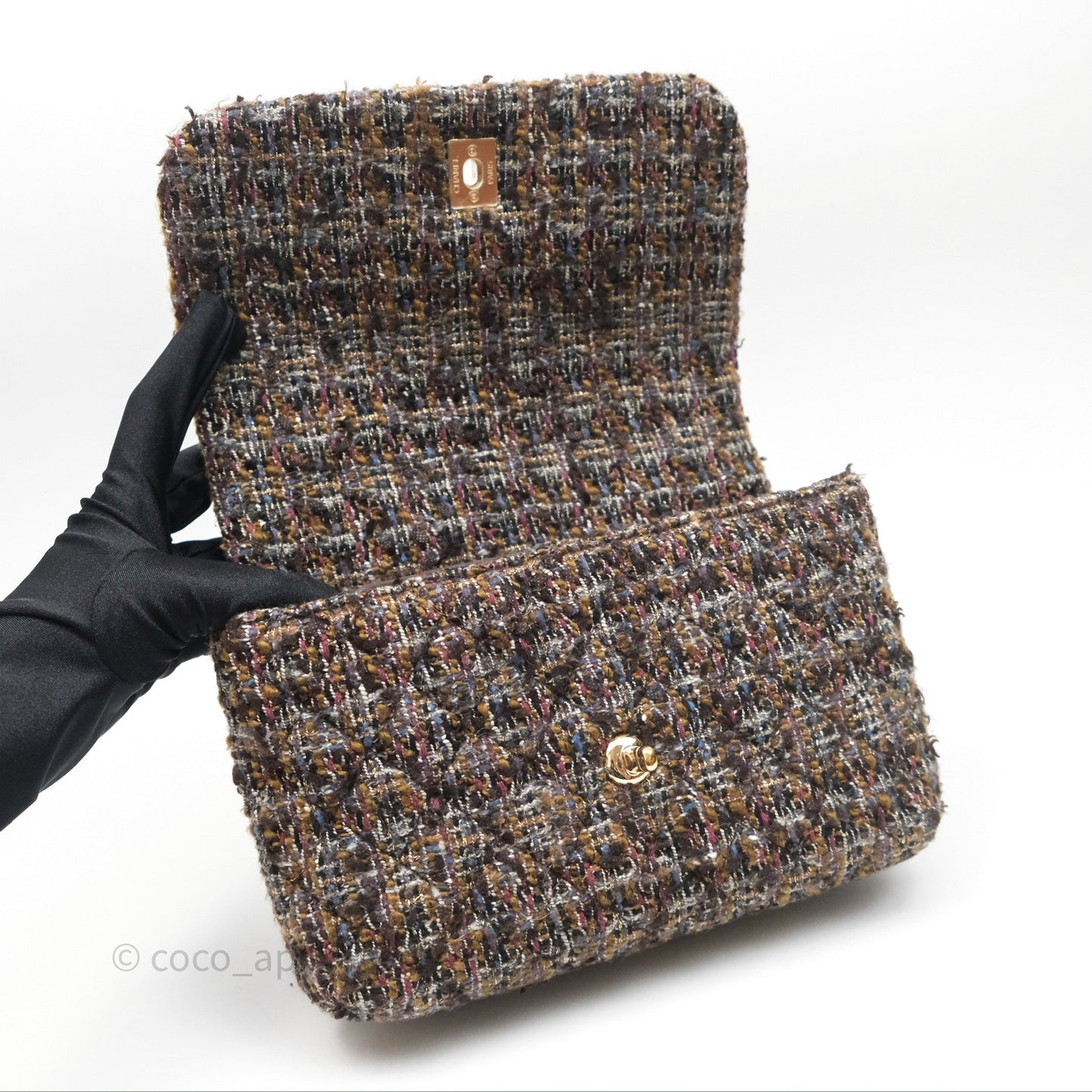 Chanel Top Handle Flap Bag Tweed Gold Hardware