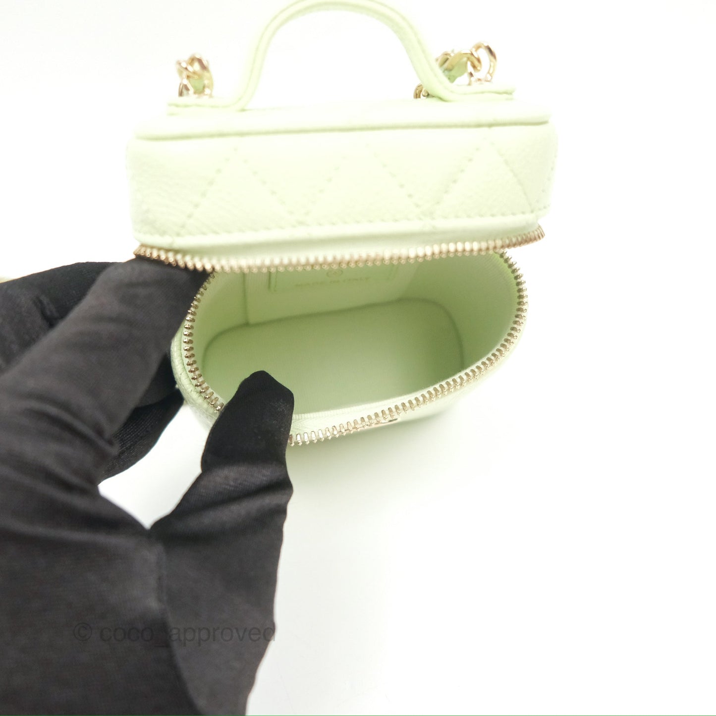 Chanel Quilted Small Handle With Care Vanity Case With Chain Green Caviar Gold Hardware