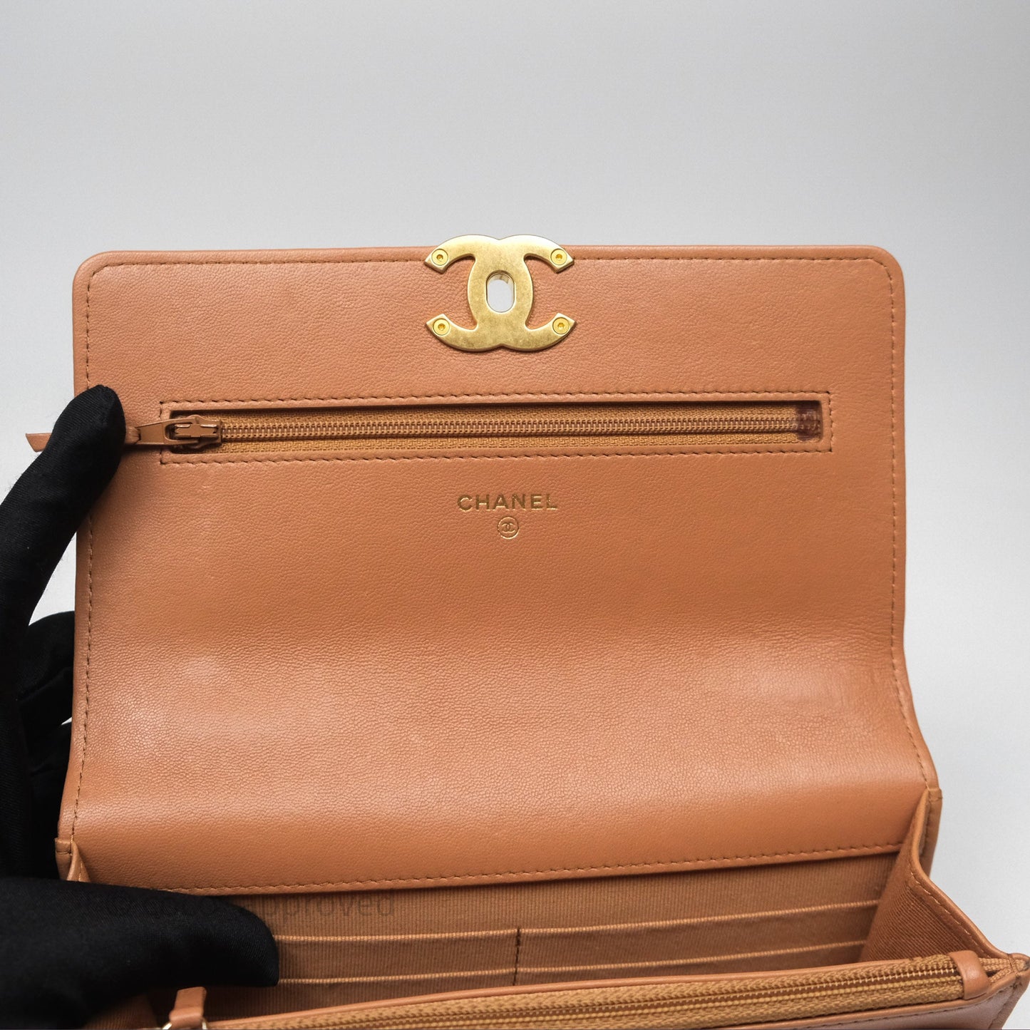 Chanel 19 Wallet on Chain WOC Dark Beige Caramel Lambskin Mixed Hardware