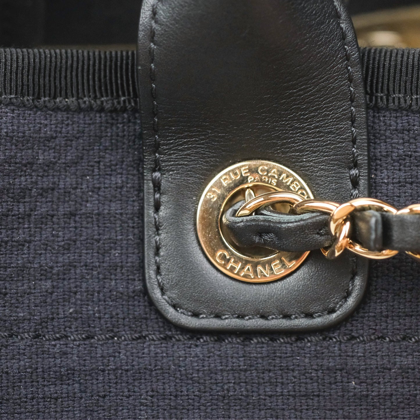 Chanel New Small Deauville Tote Dark Navy Cotton Raffia Logo