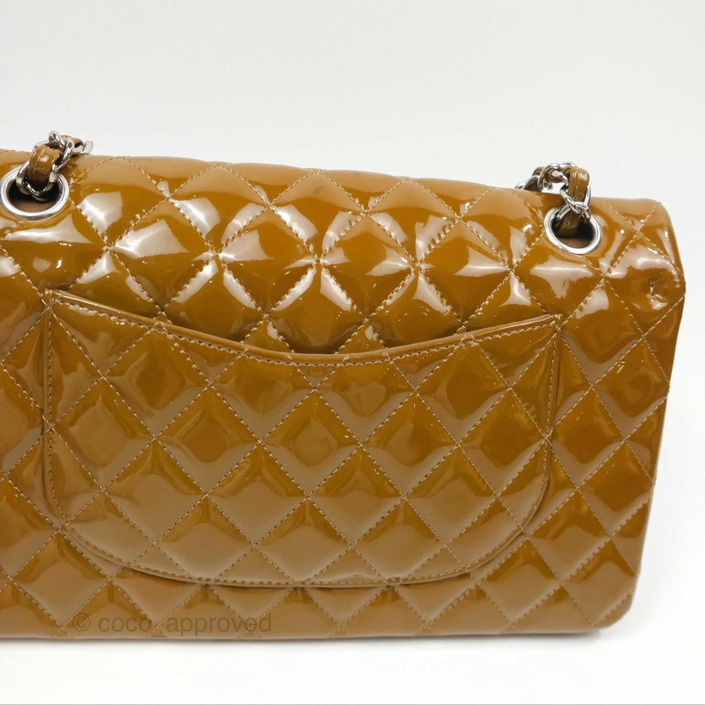 Chanel Classic M/L Medium Flap Quilted Brown Patent Silver Hardware