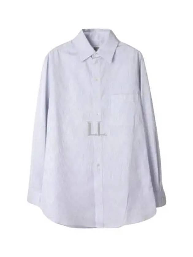 Luxury Saint Laurent Striped Cotton Poplin Monogram Long Sleeve Shirt Blan Bleu