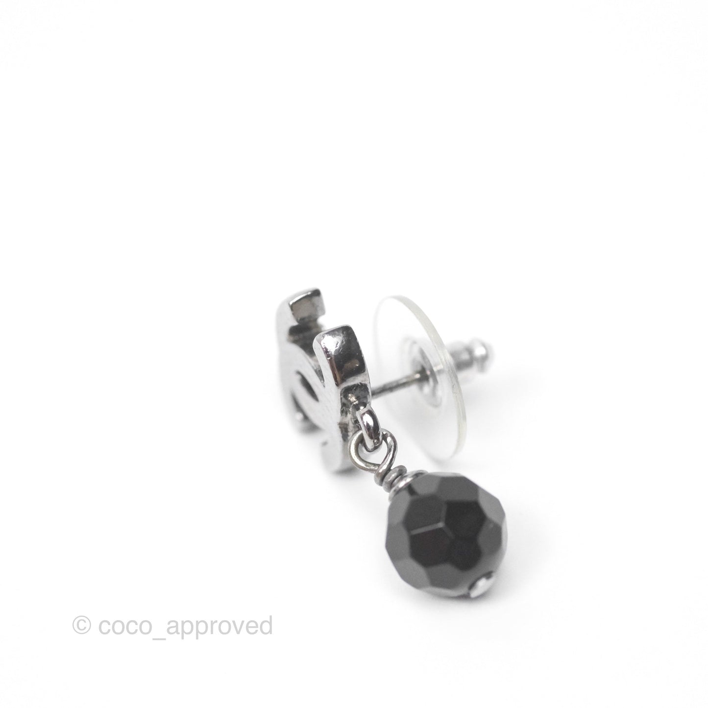 Chanel CC Black Bead Drop Earrings Dark Silver 10V