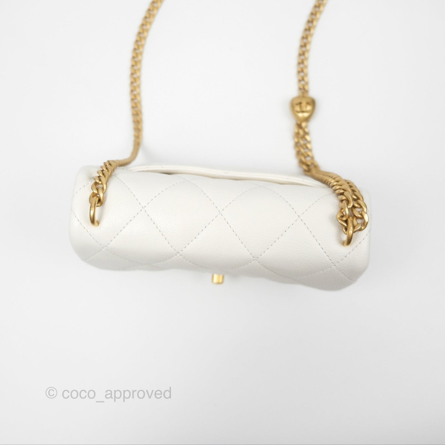 Chanel Mini Flap Bag Heart Adjustable Chain White Caviar Aged Gold Hardware