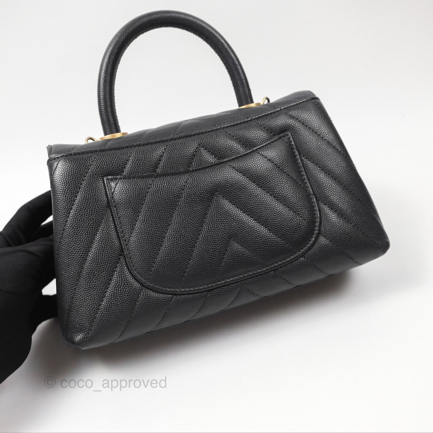 Chanel Small Coco Handle Chevron Dark Grey Caviar Aged Gold Hardware