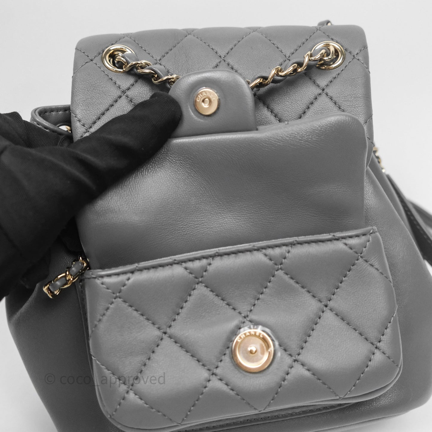 Chanel Small Duma Drawstring Backpack Grey Lambskin Gold Hardware