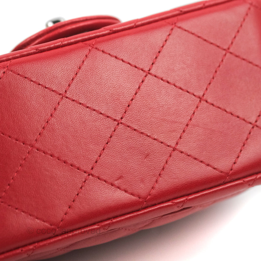 Chanel Quilted Mini Square Red Lambskin Gun Metal