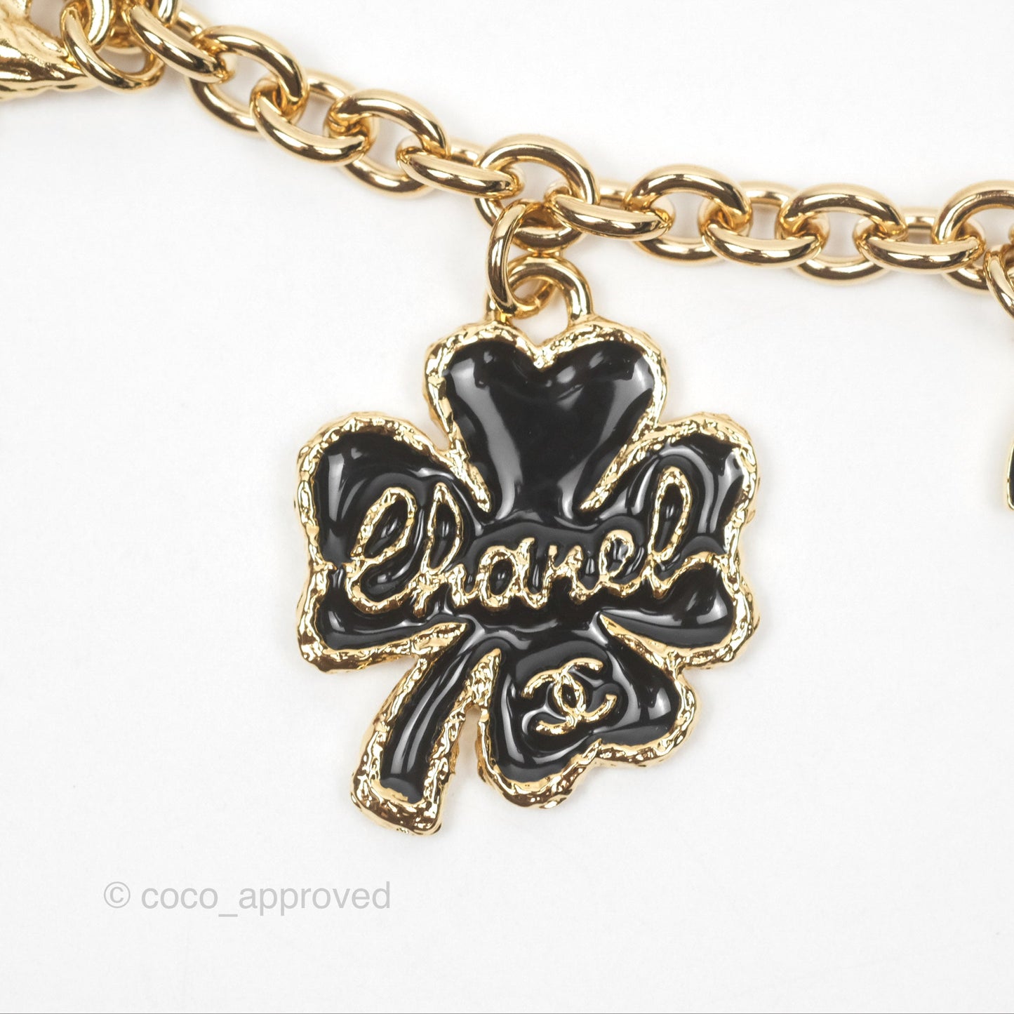 Chanel Black CC Heart Lucky Clover Chain Belt Gold Tone 24P