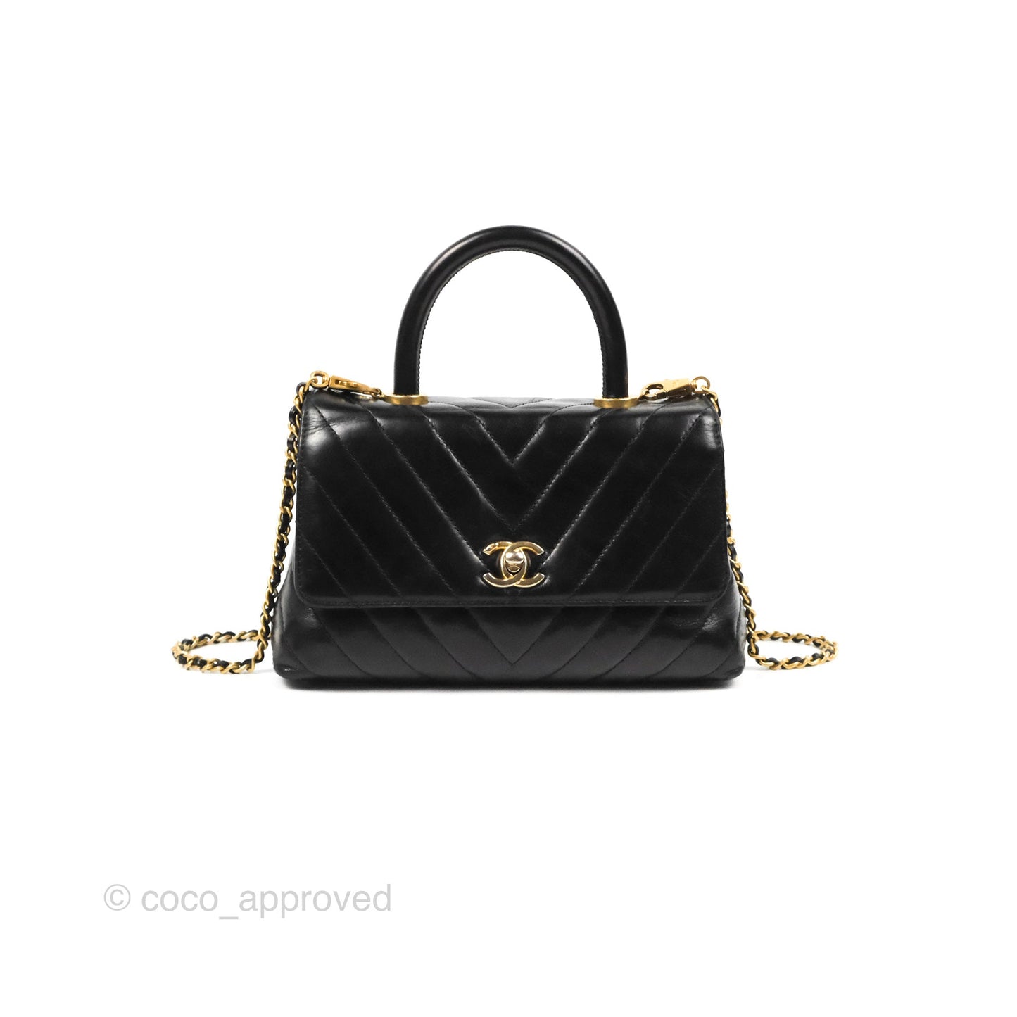 Chanel Chevron Small Coco Handle Black Shiny Aged Calfskin Aged Gold Hardware’s