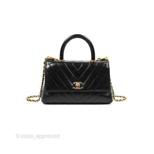 Chanel Chevron Small Coco Handle Black Shiny Aged Calfskin Aged Gold Hardware’s