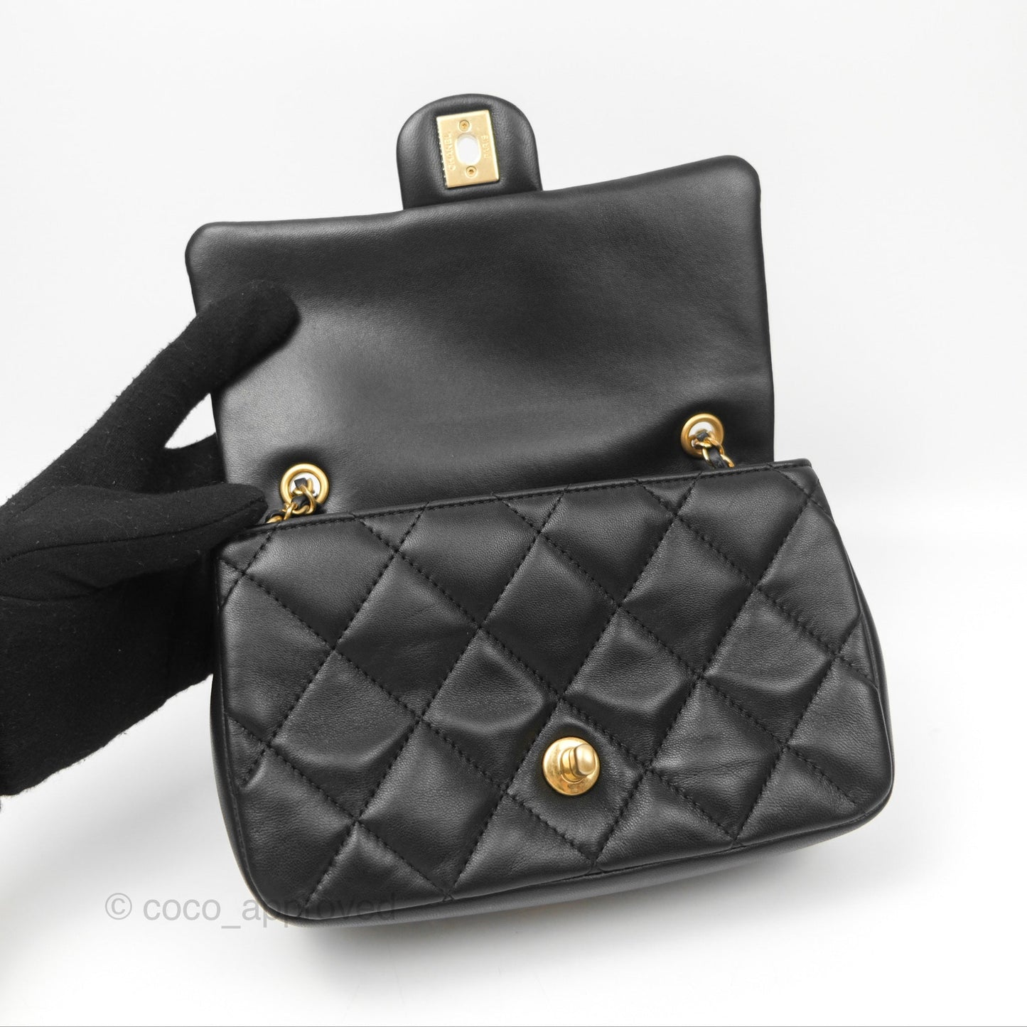 Chanel Mini Flap Bag With Heart CC Charm Black Lambskin Aged Gold Hardware