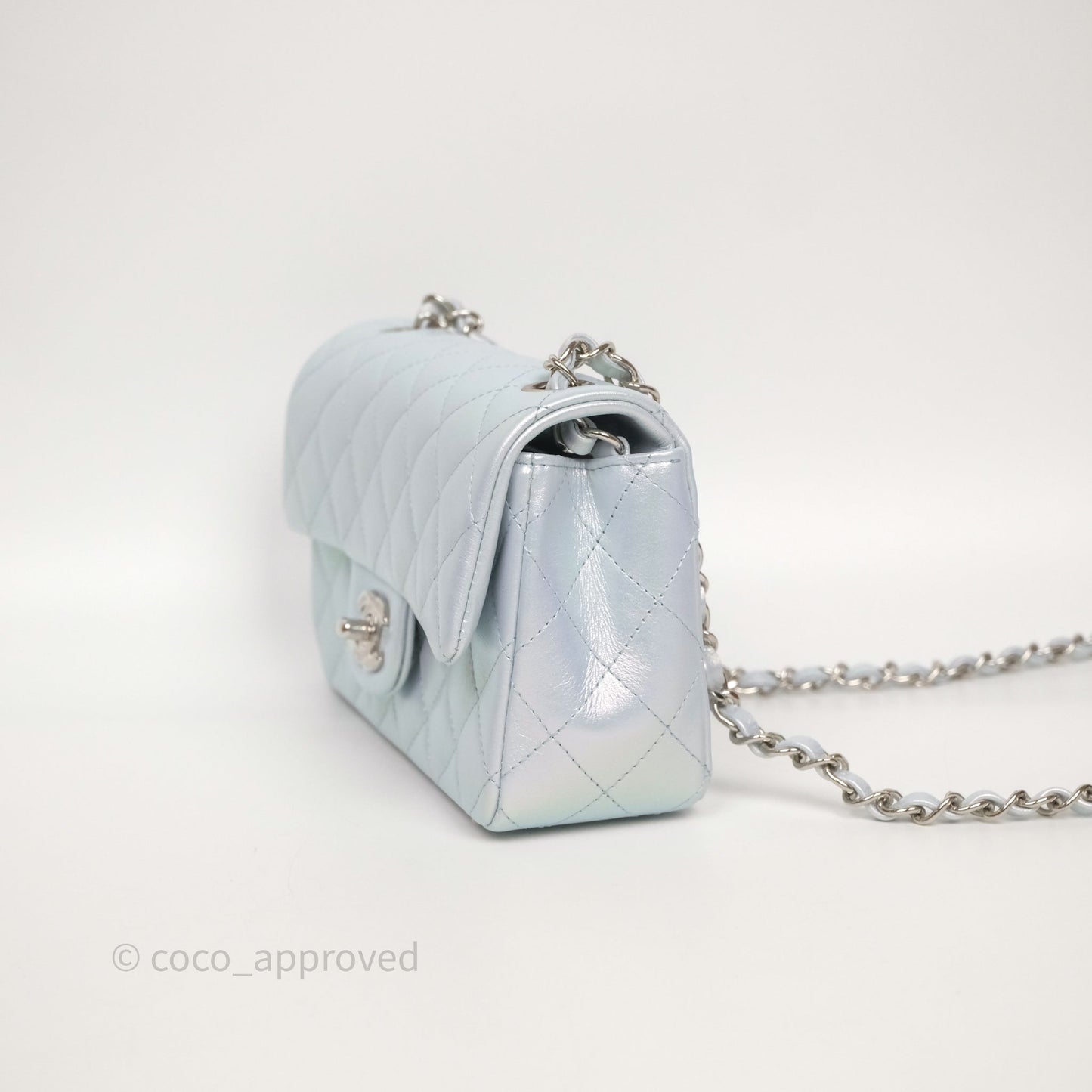 Chanel Mini Rectangular Bag Quilted Iridescent Icy Blue Silver Hardware