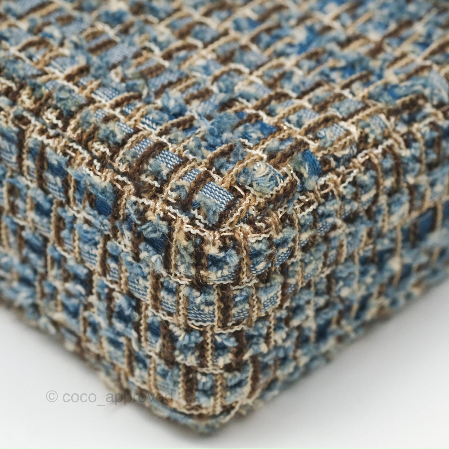 Chanel East West Chocolate Bar Flap Bag Grey Blue Tweed 24K Gold Hardware