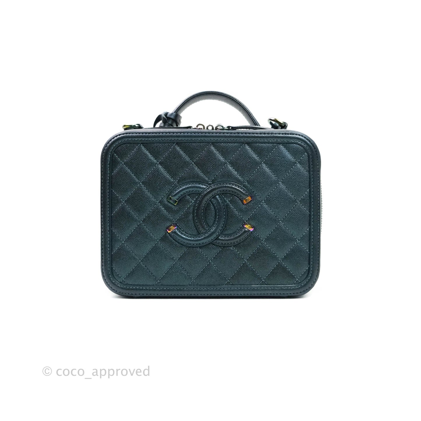 Chanel Quilted Medium CC Filigree Vanity Case Iridescent Dark Turquoise Caviar Rainbow Hardware