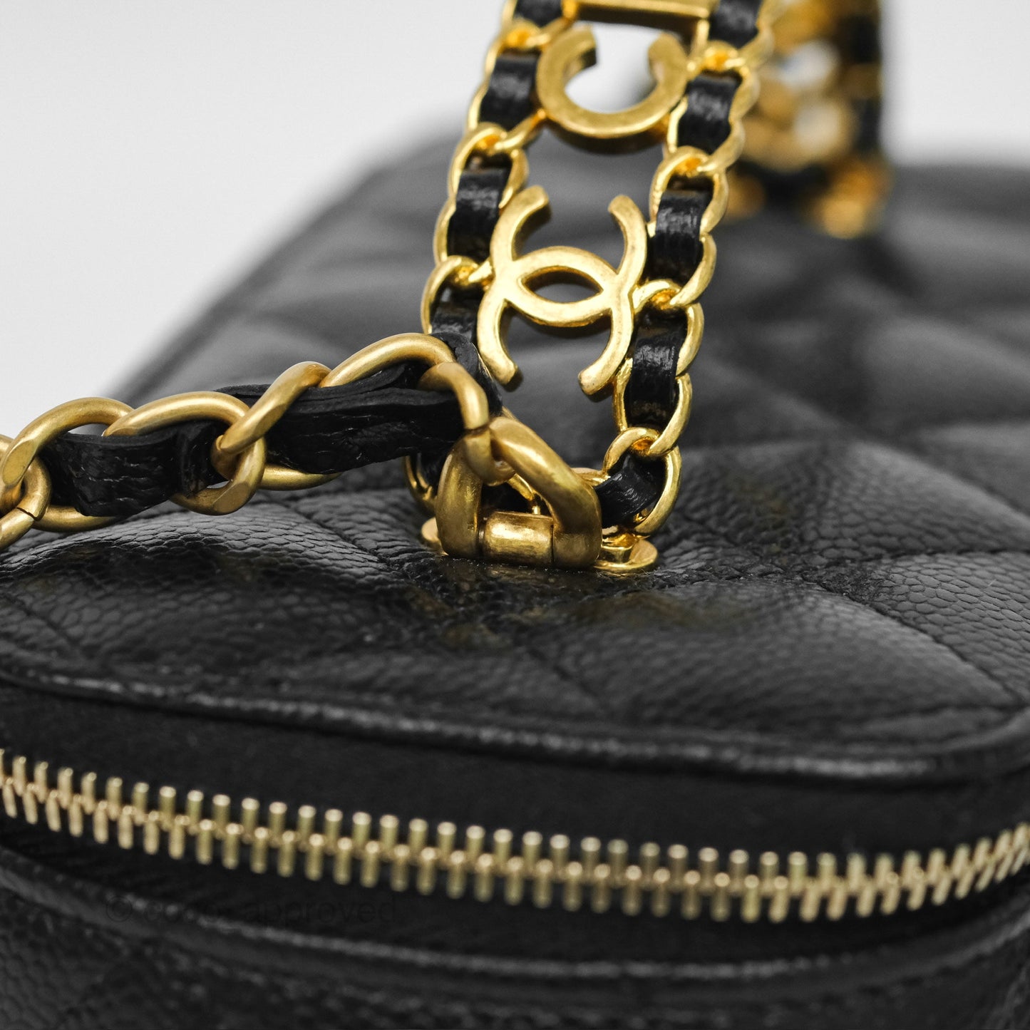 Chanel Logo Top Handle Vanity Rectangular Black Caviar Aged Gold Hardware