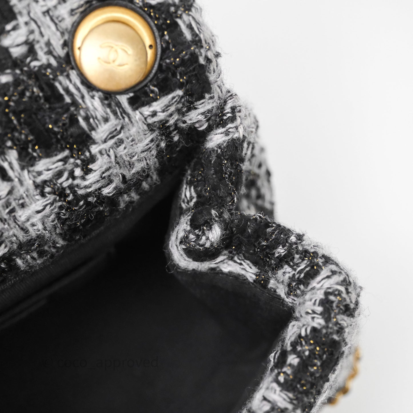 Chanel Mini Flag Bag Black & Grey Tweed Aged Gold Hardware