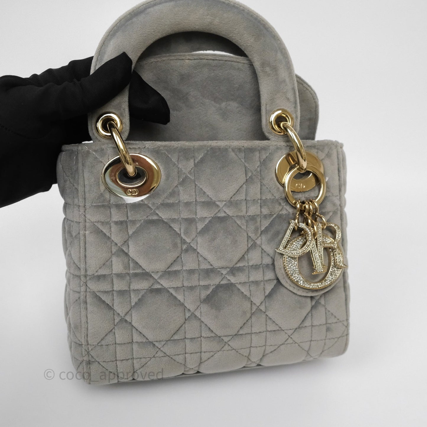 Dior Mini Lady Dior Grey Velvet Cannage Crystal Charms Gold Hardware
