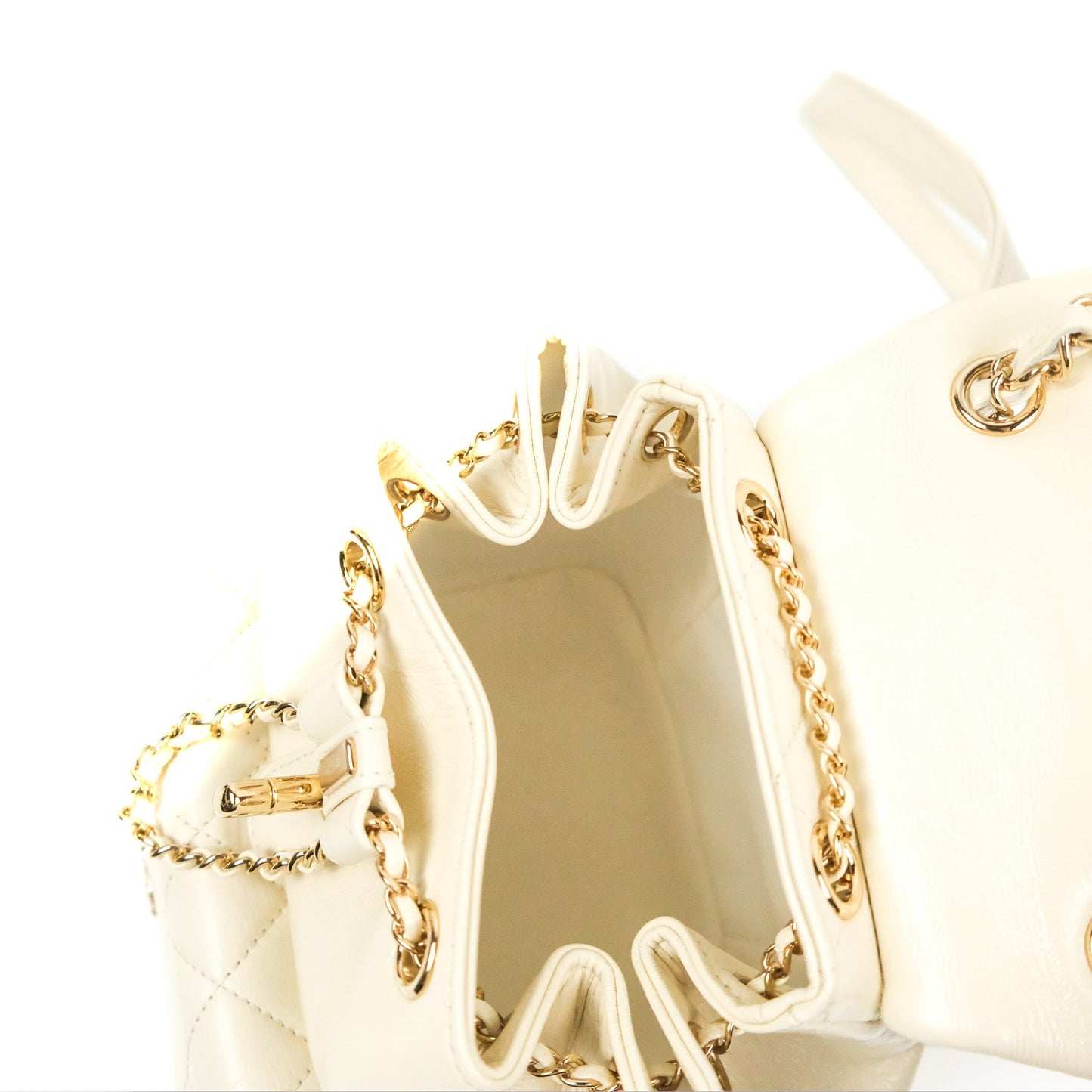 Chanel Quilted Small Duma Drawstring Backpack Ivory White Calfskin Gold Hardware