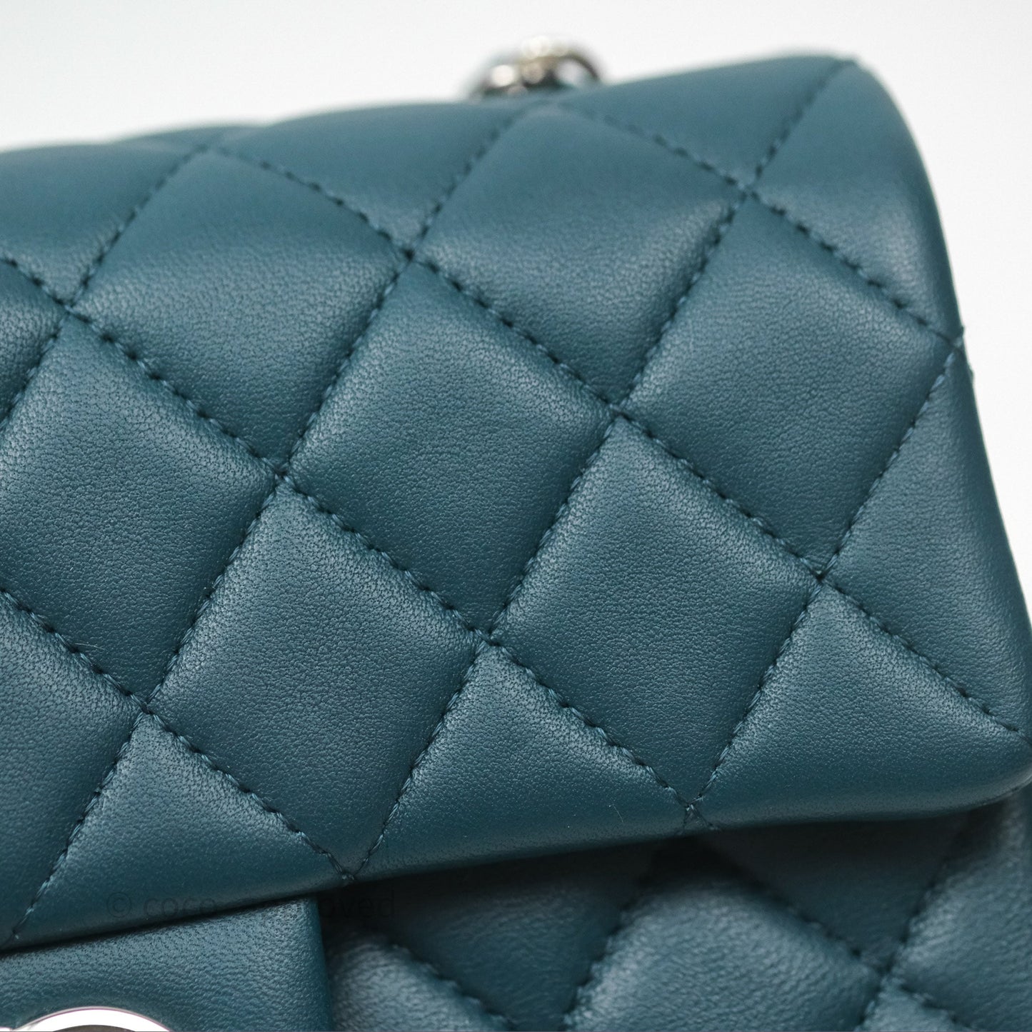 Chanel Quilted Mini Rectangular Flap Teal Green Lambskin Silver Hardware