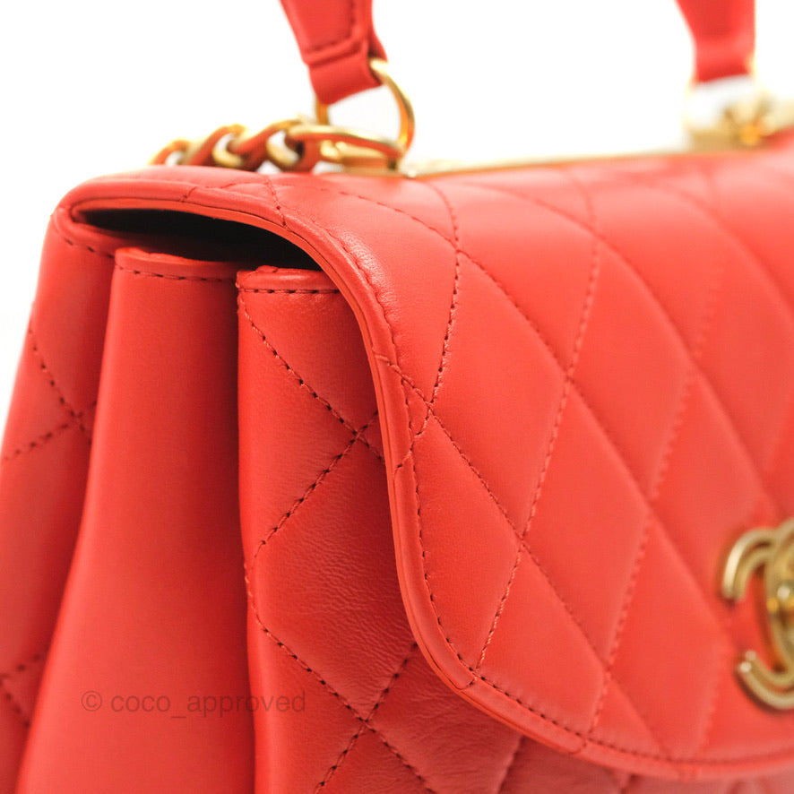 Chanel Top Handle Flap Bag Red Lambskin Aged Gold Hardware