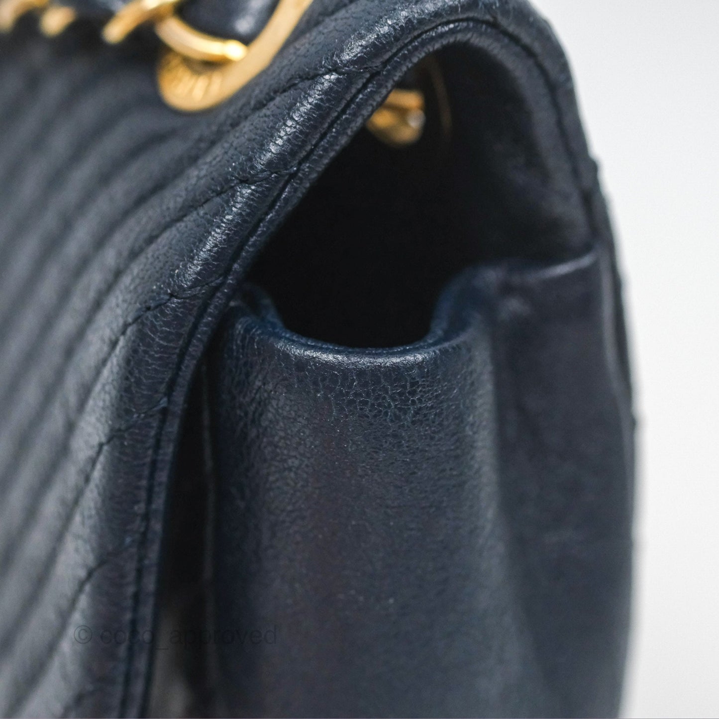 Chanel Small Chevron Surpique Flap Navy Calfskin Aged Gold Hardware
