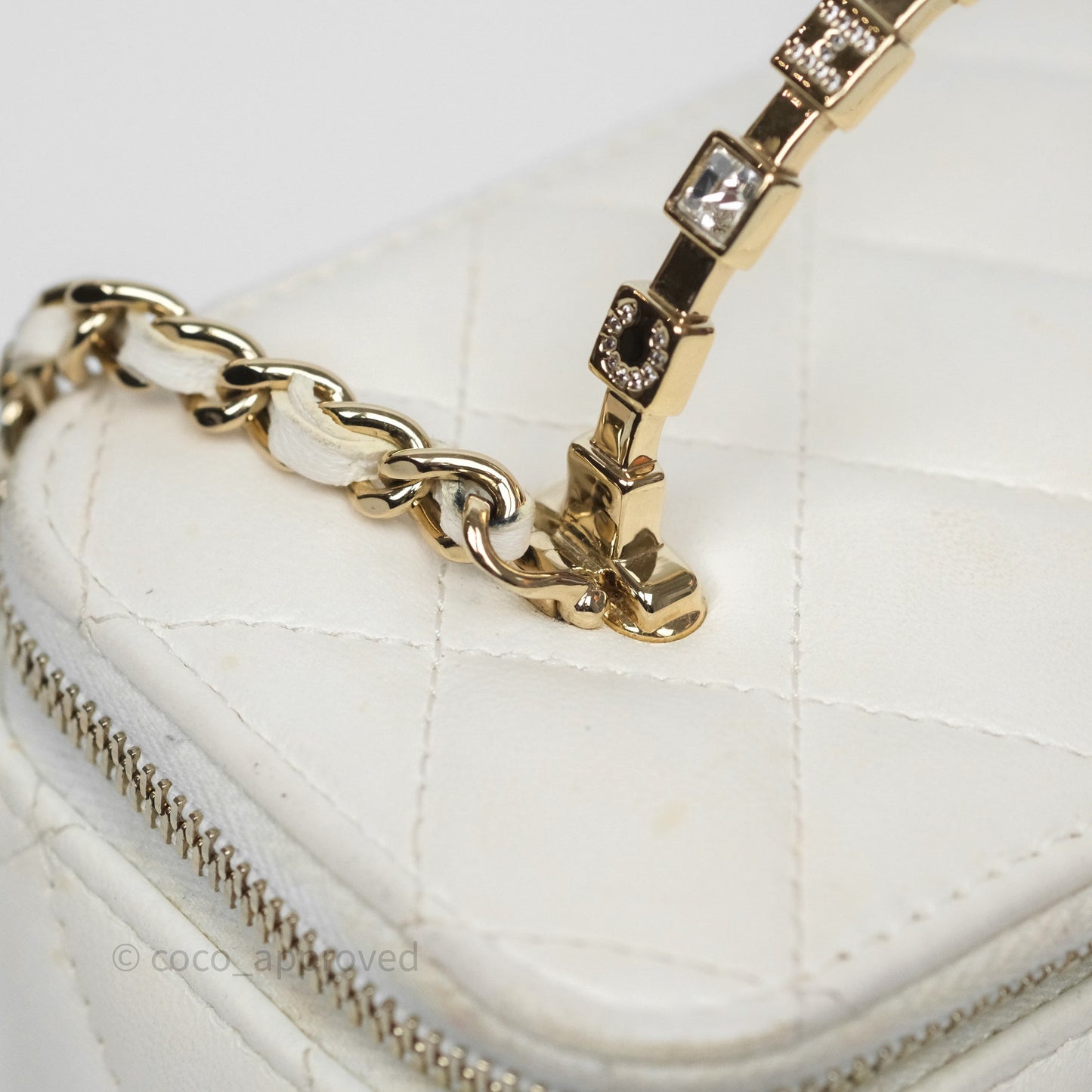 Chanel Logo Crystals Top Handle Vanity Rectangular White Lambskin Gold Hardware