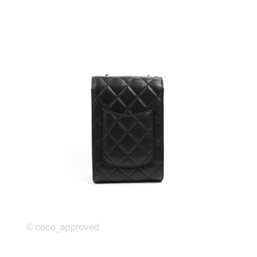 Chanel Classic Quilted Phone Holder Black Lambskin Silver Hardware