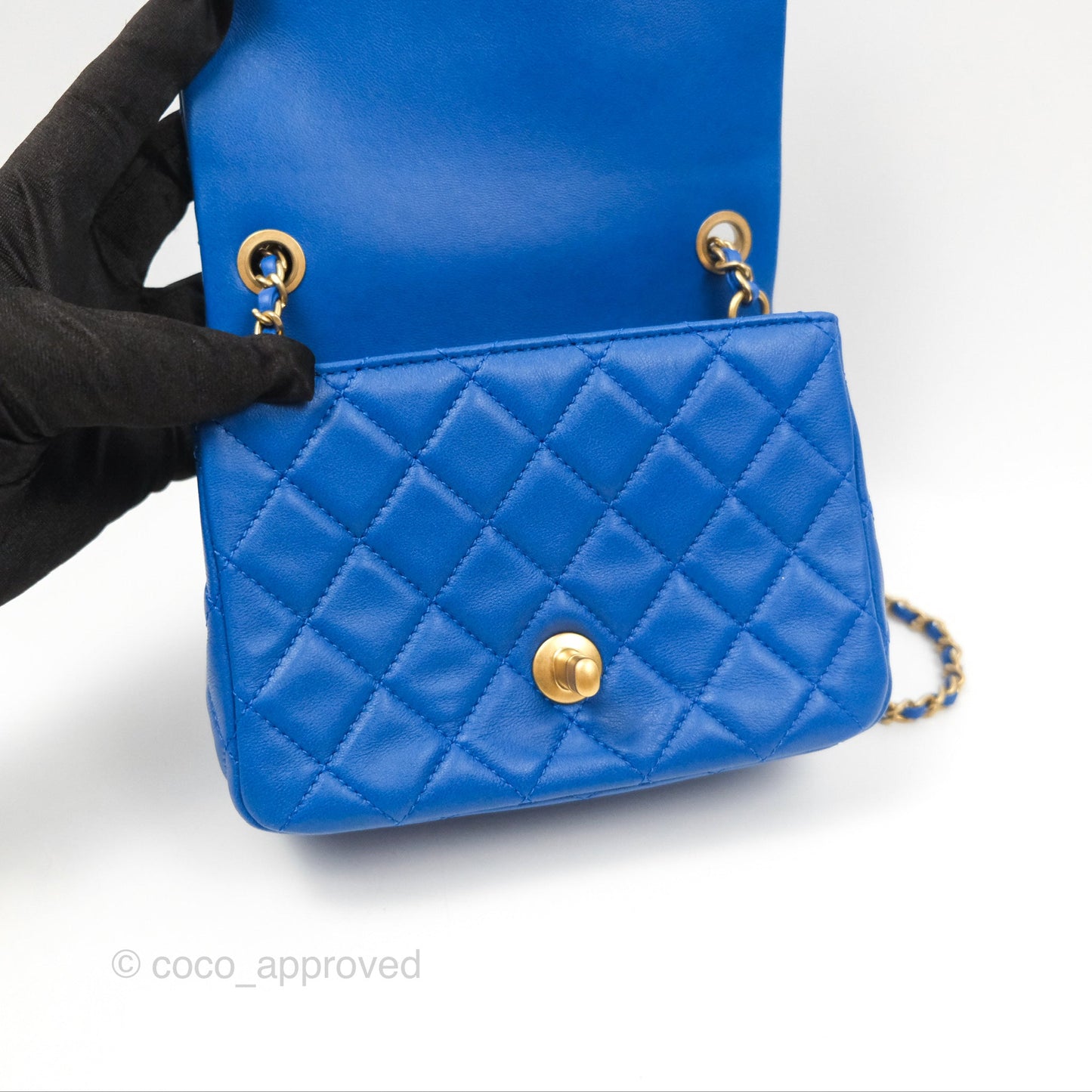 Chanel Pearl Crush Mini Square Quilted Blue Lambskin Aged Gold Hardware