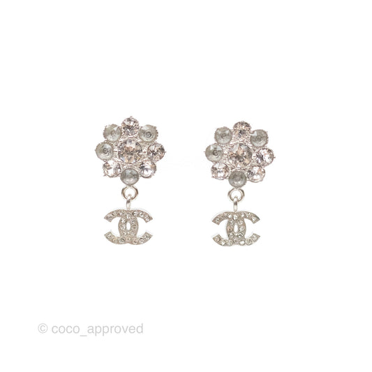 Chanel Crystal CC Flower Earrings Silver Tone 15A