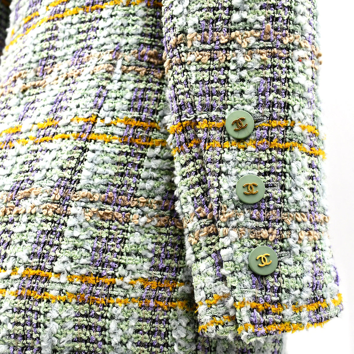 Chanel Double Breasted Jacket Green Tweed 94A #36