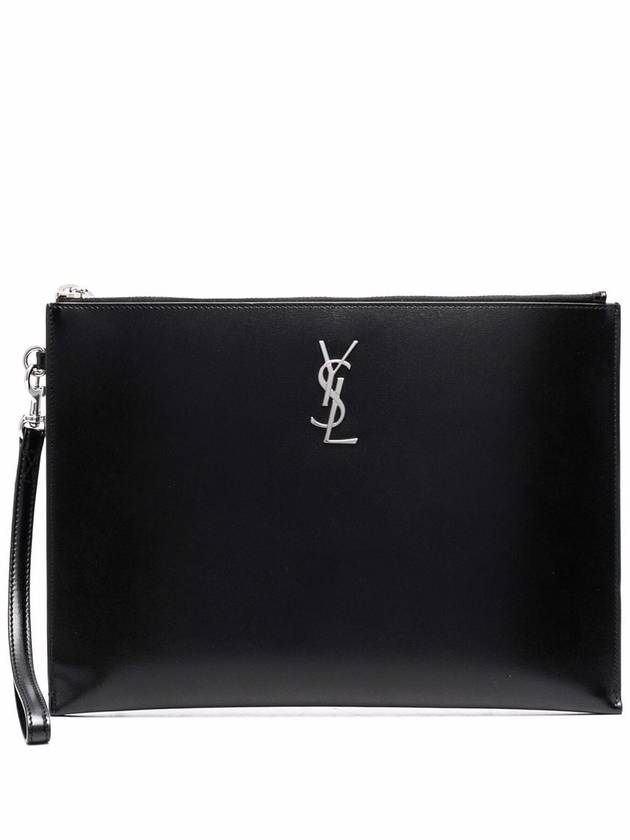 Luxury Saint Laurent Monogram Silver Logo Clutch Bag Black