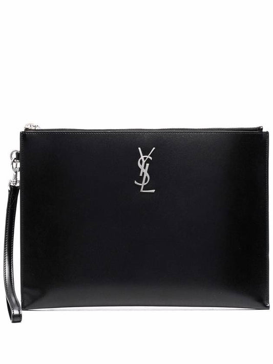 Luxury Saint Laurent Monogram Silver Logo Clutch Bag Black