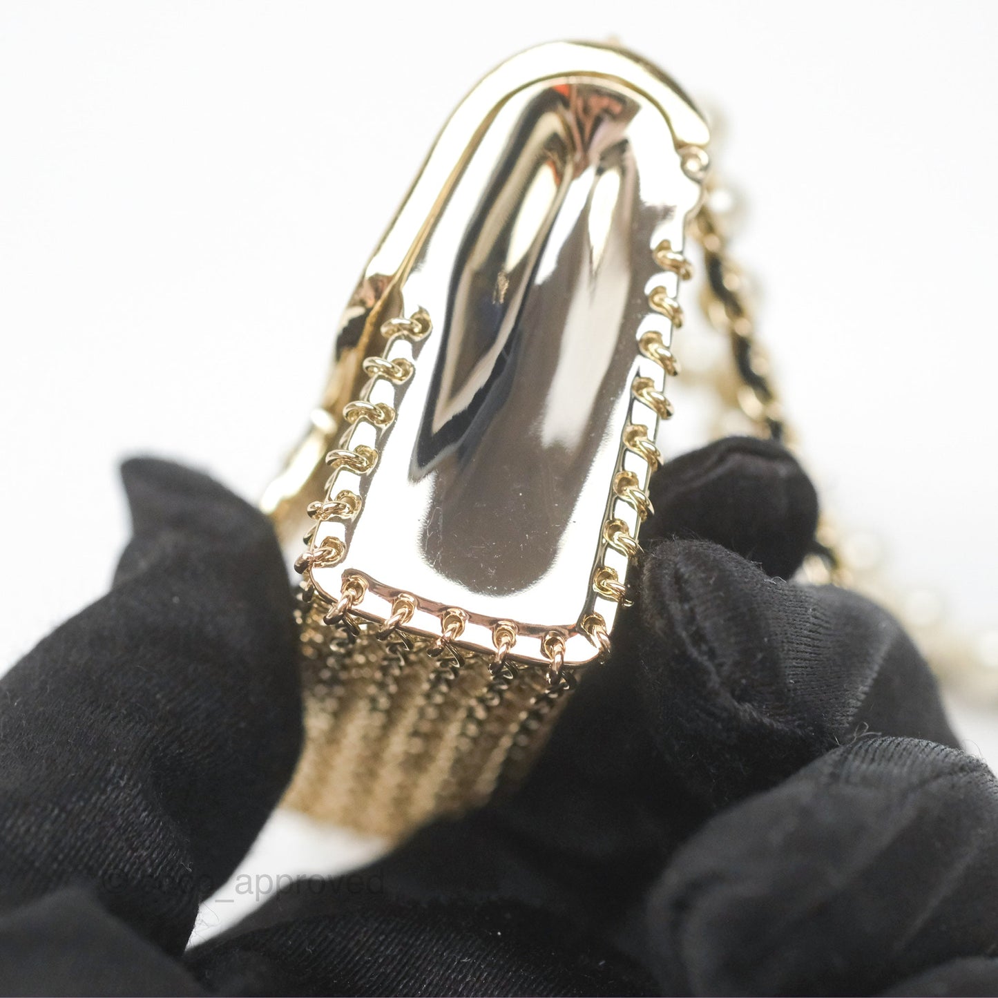 Chanel Flap Bag Charm Pearl Chain Black Leather Long Necklace Gold Tone 21S