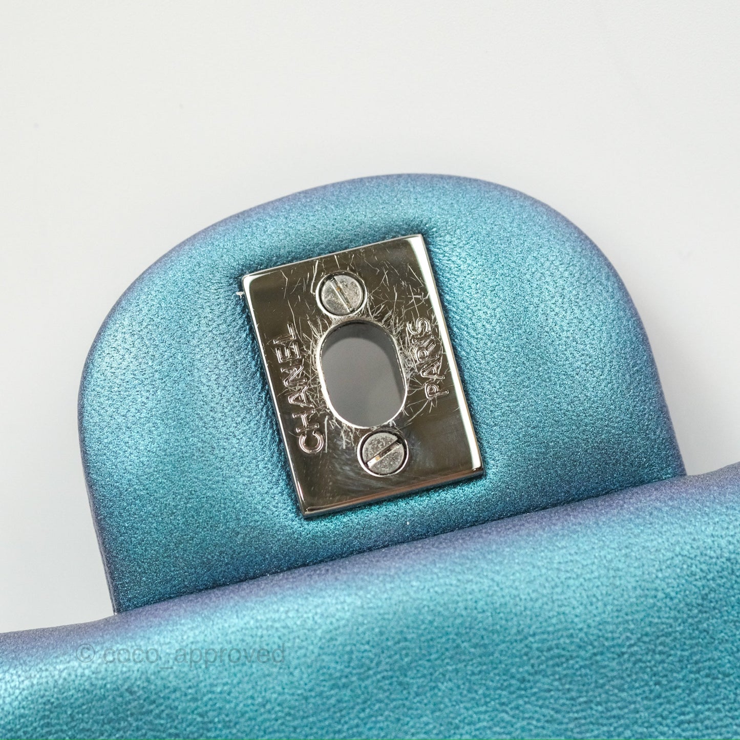 Chanel Mini Square Flap Quilted Iridescent Teal Lambskin Gun Metal