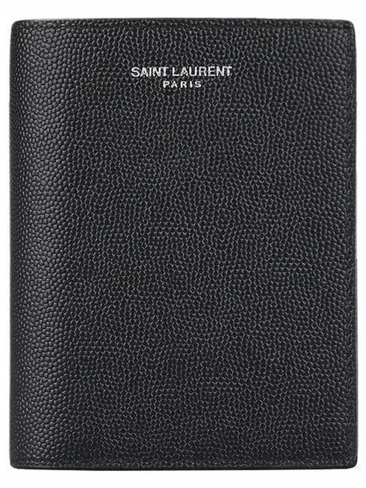 Luxury Saint Laurent Logo Grain Leather Half Wallet Black
