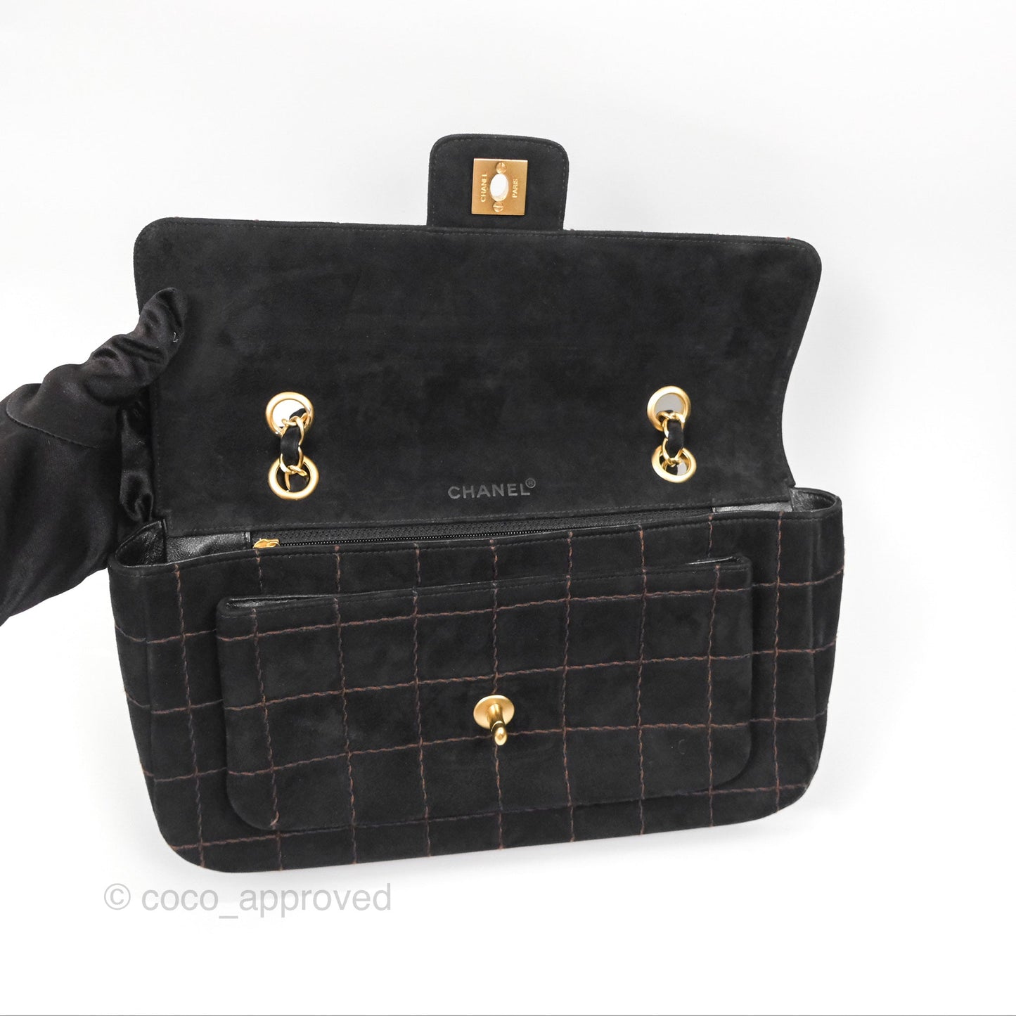 Chanel Bar Flap Black Suede Blushed Gold Hardware