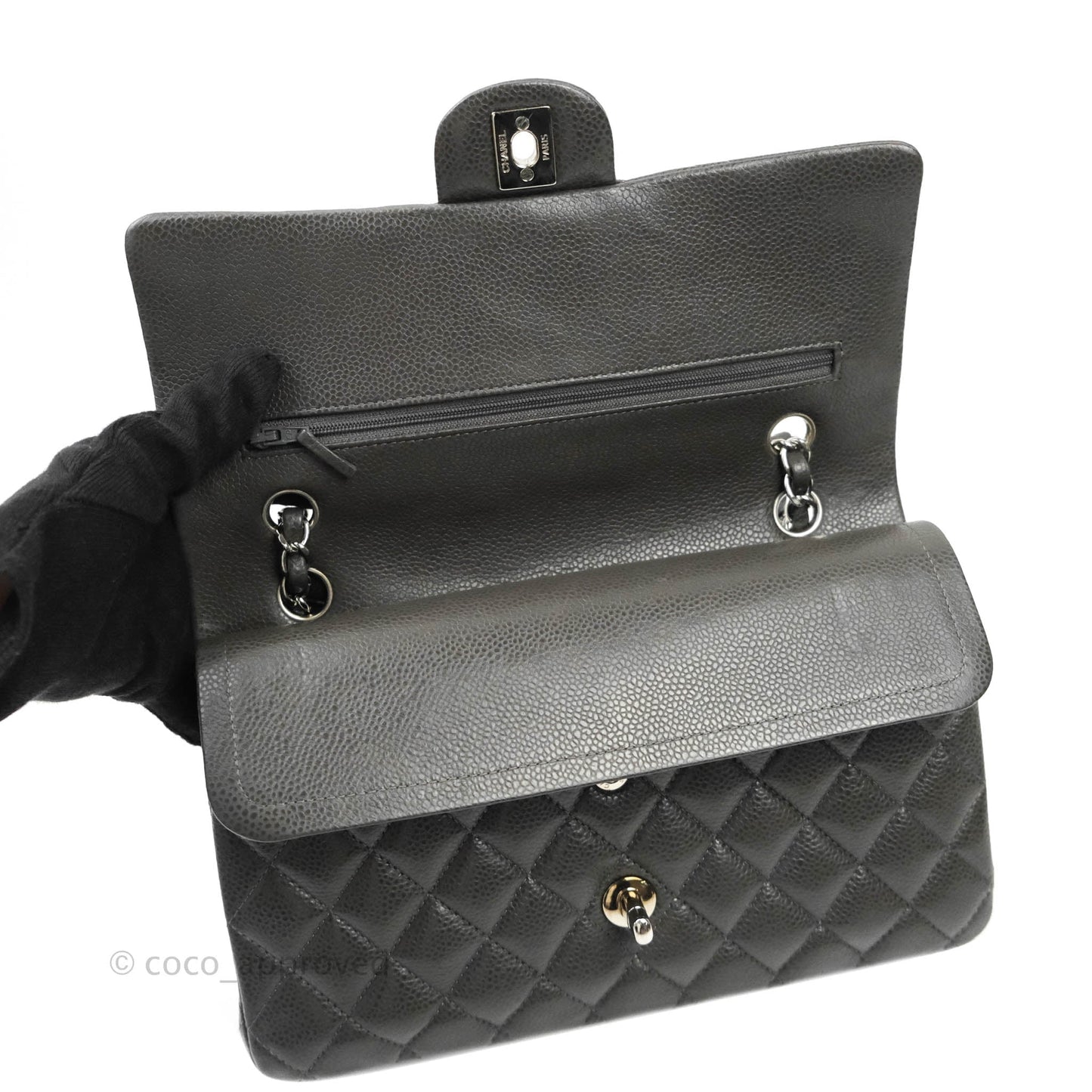 Chanel Quilted M/L Medium Double Flap Dark Grey Caviar Silver Hardware